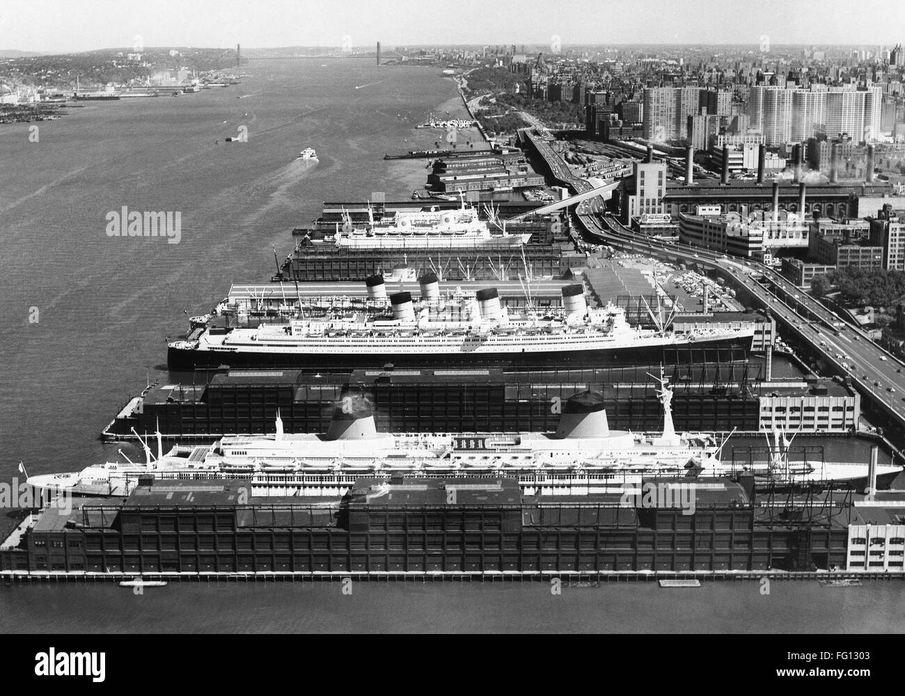 NEW YORK CITY, c1965. /nOcean liners and freighters moored at the piers