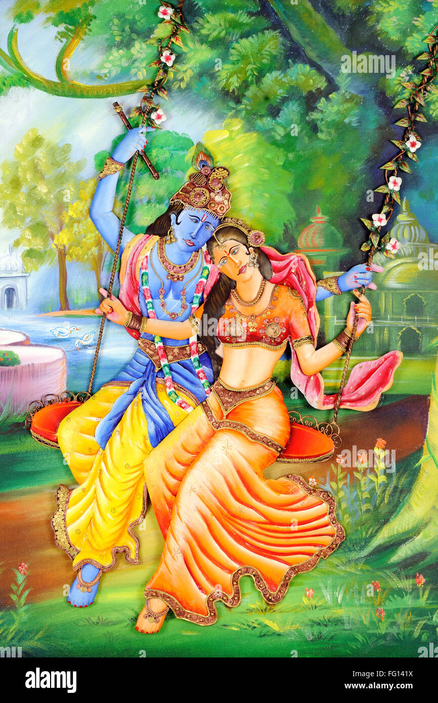 Painting of lord krishna and radha ; India Stock Photo