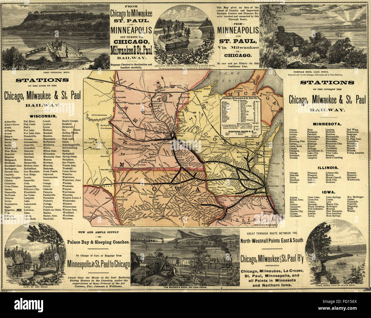 MAP: RAILWAY, 1874. /nA map of the Chicago, Milwaukee, and St. Paul railways, with illustrations. Map by Rand McNally & Co., 1874. Stock Photo