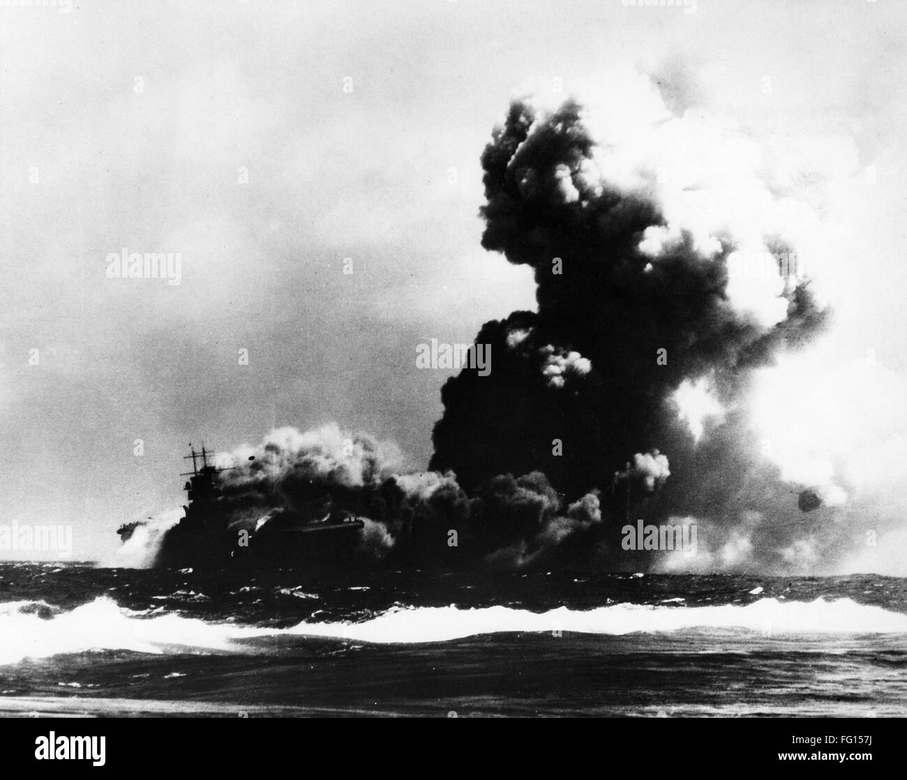 WWII: USS WASP, 1942. /nThe USS Wasp sinking after being torpedoed near Guadalcanal. Photograph, 15 September 1942. Stock Photo