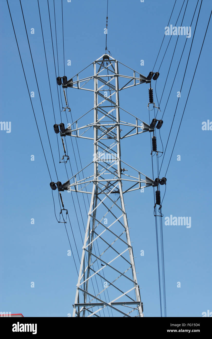 Electric pole with blue sky showing energy and power supply , Bombay