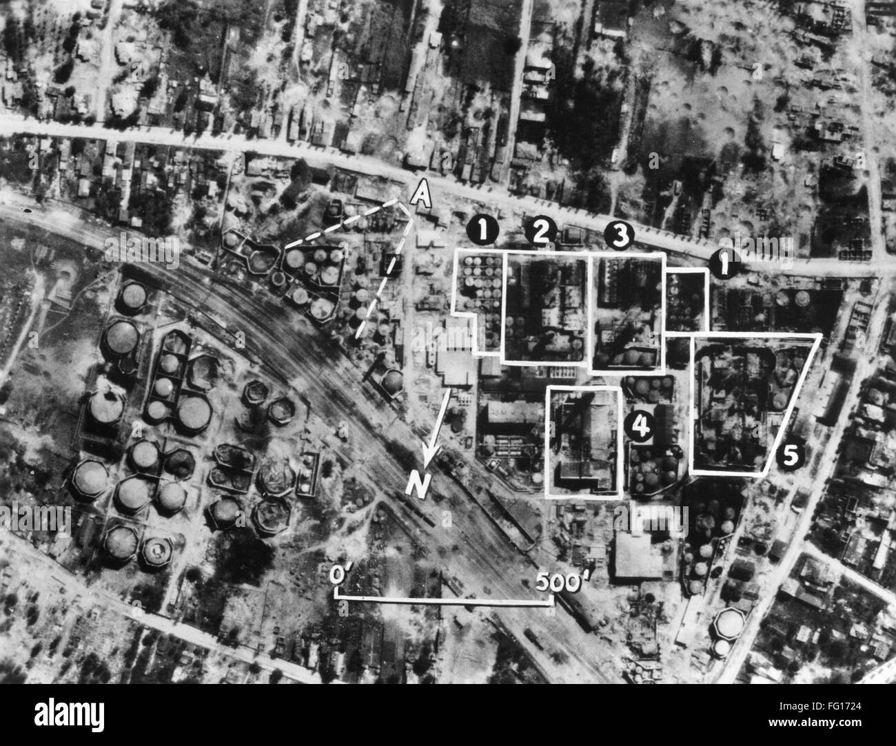 ROMANIA: OIL REFINERY. /nAnnotated aerial photograph of the Steaua Oil Refinery in Campina, Romania, a target of Allied air strikes, 1943. Stock Photo