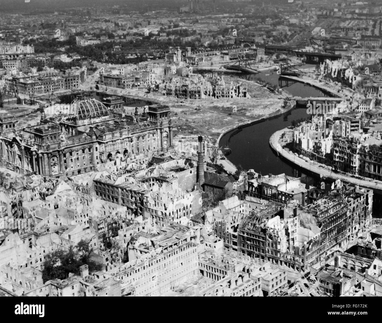WORLD WAR II: BERLIN, 1945. /nBerlin in ruins after Allied air strikes at the end of World War II. At left center is the Reichstag. Photograph, 1945. Stock Photo