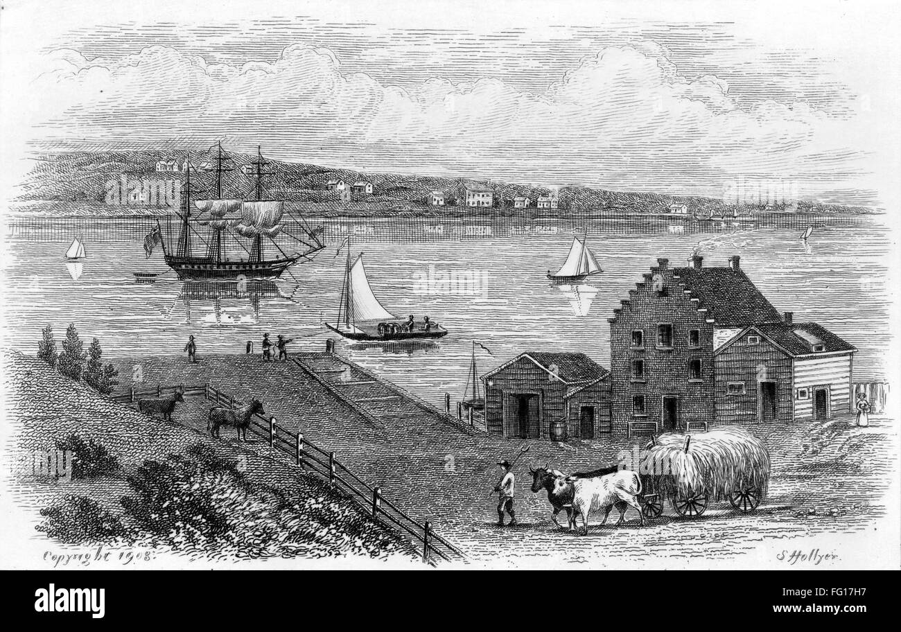 NYC: FULTON FERRY, 1746. /nA view of Fulton Ferry in New York City in 1746. Engraving by Samuel Hollyer, 1908. Stock Photo