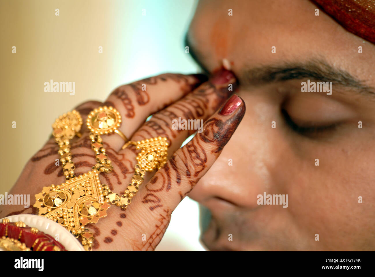 South Asian Indian Hindu wedding ceremony , ornaments on Hand , Tikka ceremony MR#364 Stock Photo