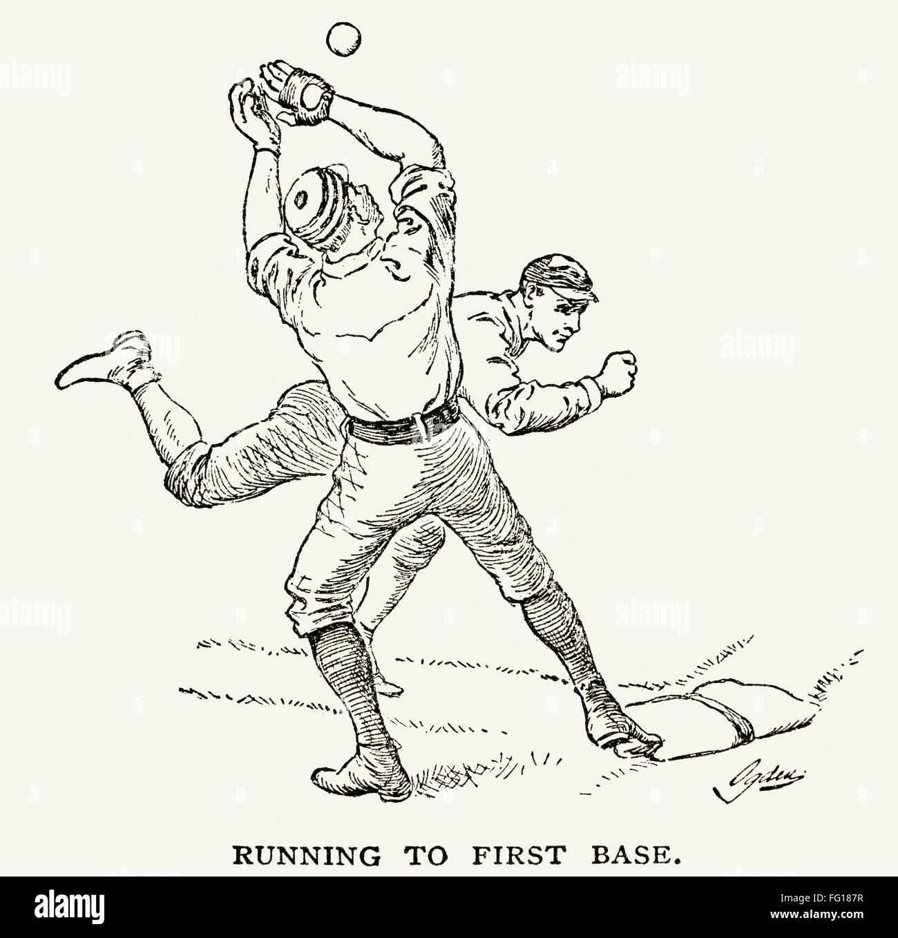 BASEBALL PLAYERS, 1889. /nRunning to first base. Wood engraving, American, 1889 Stock Photo Alamy