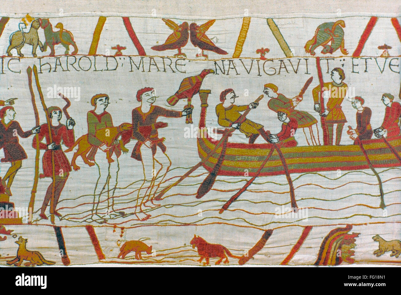 BAYEUX TAPESTRY. /nHarold and his men boarding ships with dogs and falcons before departing on a