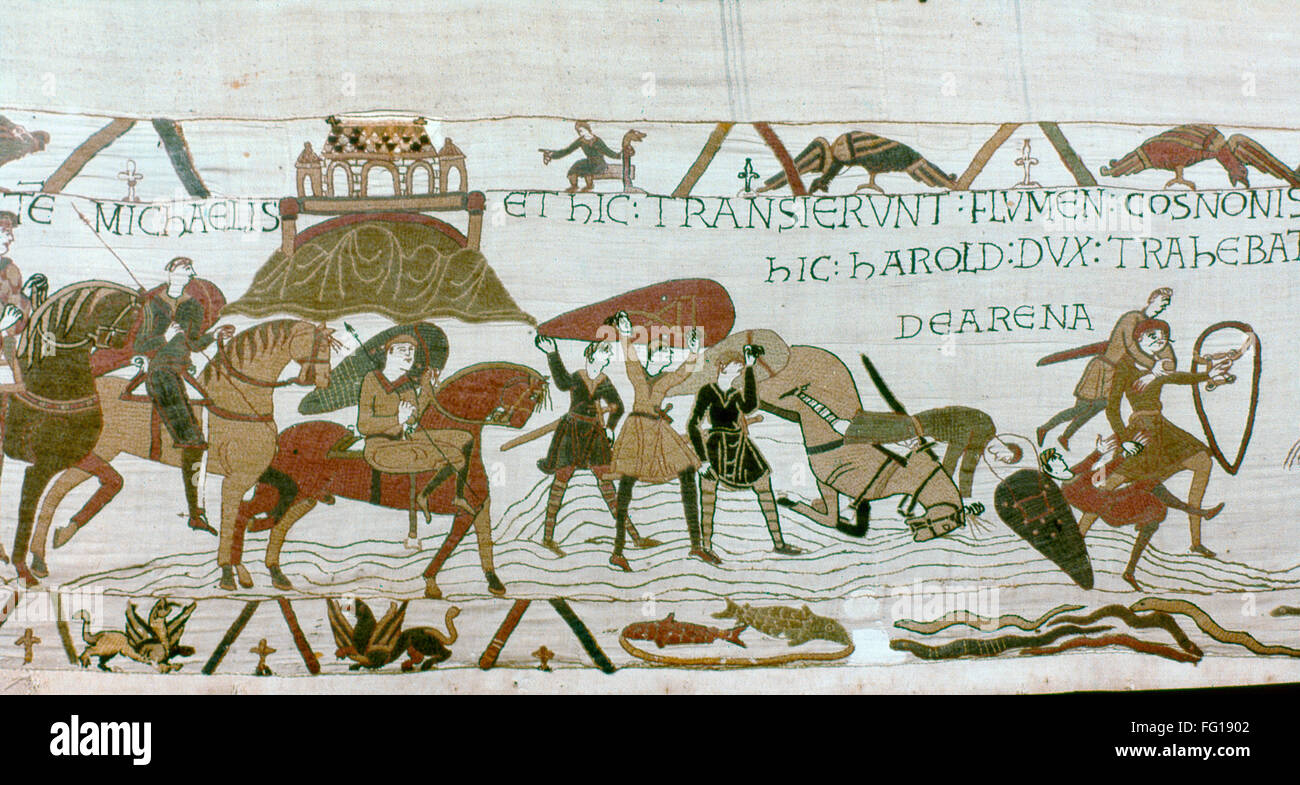 BAYEUX TAPESTRY. /nDuke William (partially shown at far left) with his army  near Mont Saint Michel. Some of his soldiers become trapped in quicksand  while trying to cross the River Couesnon, and