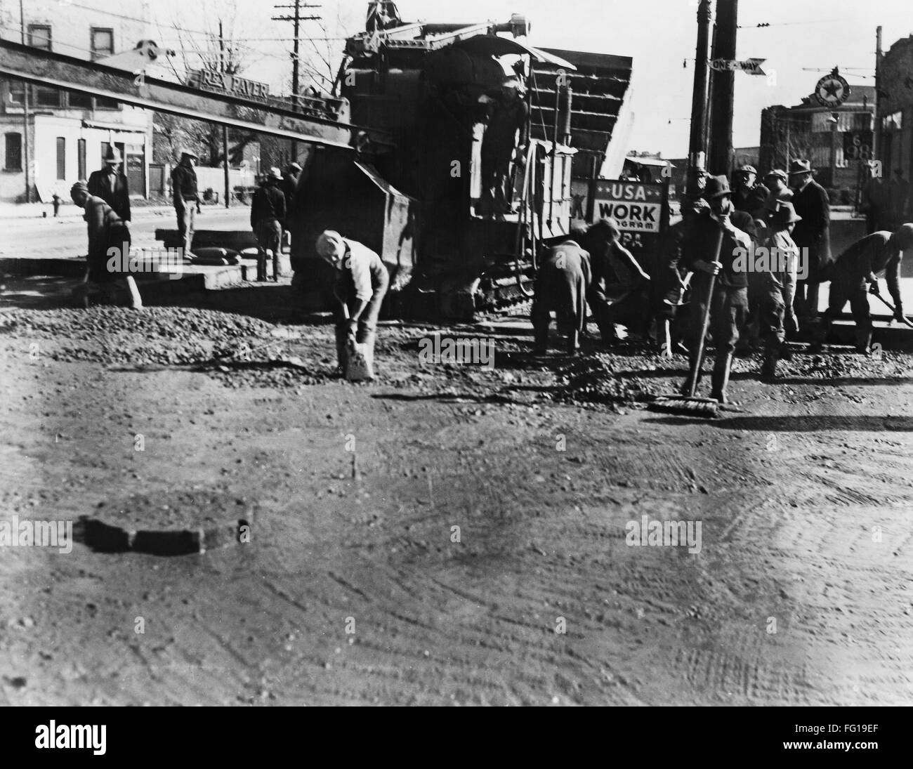 WPA: ROAD CONSTRUCTION. /nMen building a road in the Bronx, as part of a Works Progress Administration project. Photograph, 1936. Stock Photo
