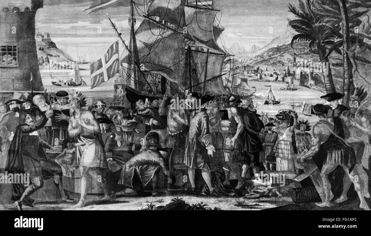 Native american trade with settlers hires stock photography and images