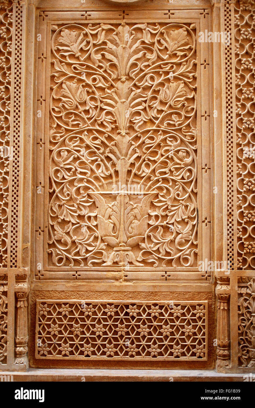 Beautifully carved yellow stone , Jaisalmer , Rajasthan , India Stock Photo