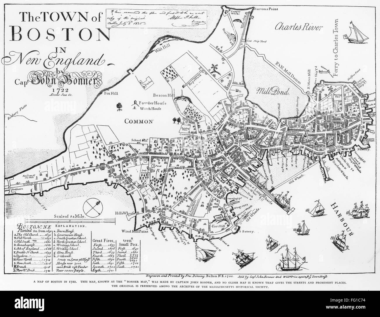 BOSTON MAP, 1722. /nEngraved facsimile by G. Smith, 1835, of a