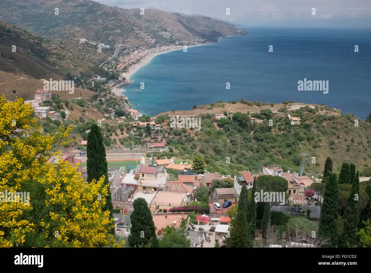 A view when descending in the cable car from Taormina to Mazzaro Stock Photo