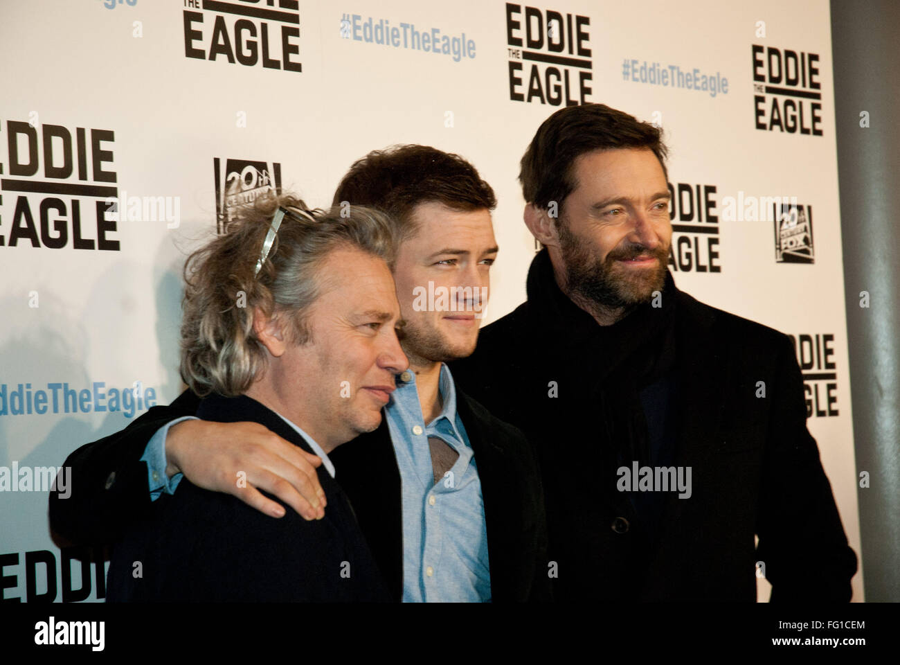 Chicago, Illinois, USA. 16th Feb, 2016. Stars of the movie Hugh Jackman and Taron Egerton with director Dexter Fletcher came to Chicago for the premiere of their new movie ''Eddie the Eagle.'' The movie is based on the true story of a British Olympic ski jumper who persevered despite the obstacles put in his way. His enthusiasm and unbounded spirit won the hearts of sports fans. Taron Egerton plays Eddie Edwards, the athlete depicted in this movie. © Karen I. Hirsch/ZUMA Wire/Alamy Live News Stock Photo