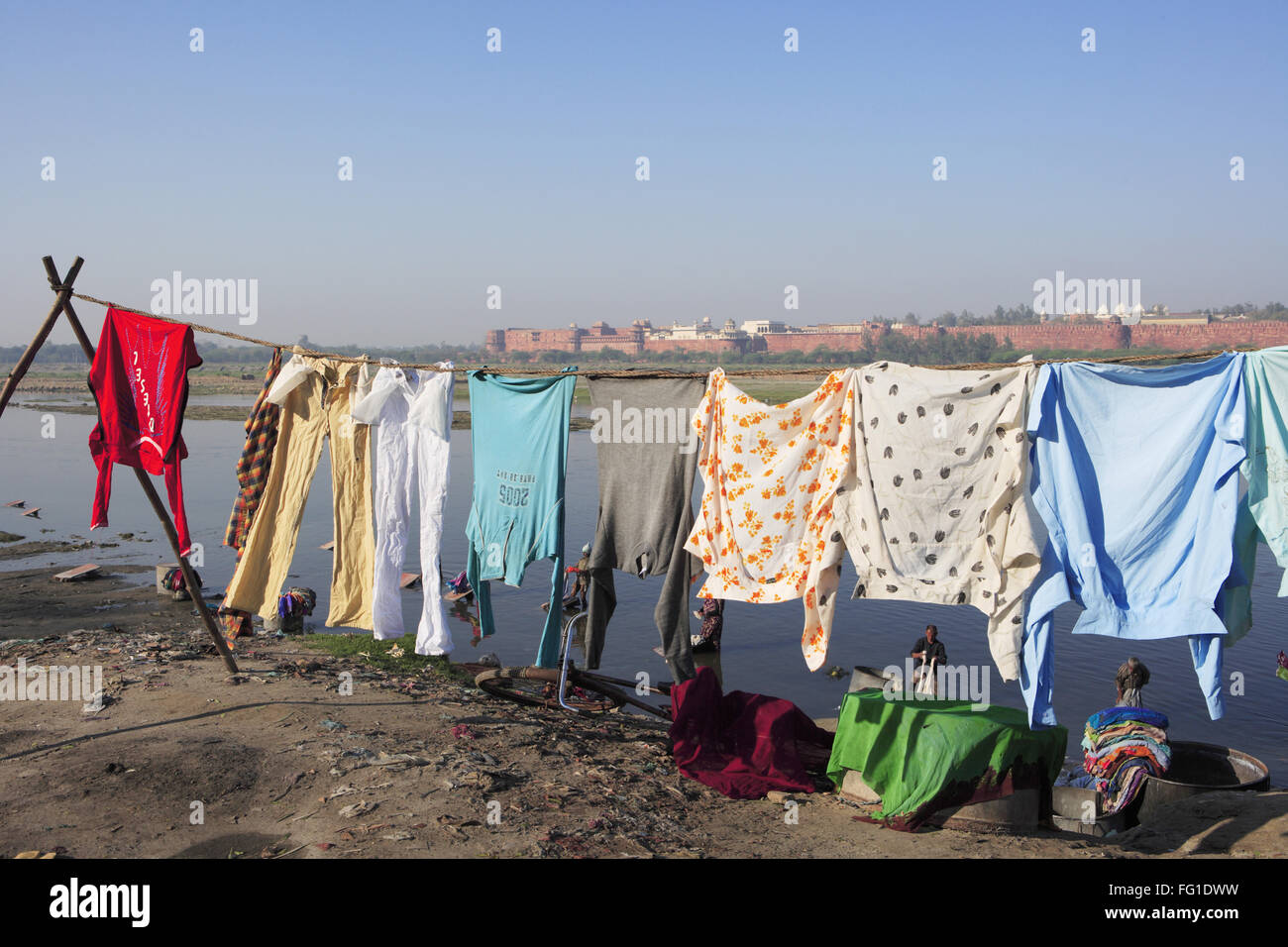 Open Air Laundry clothes drying on rope , Agra , Uttar Pradesh