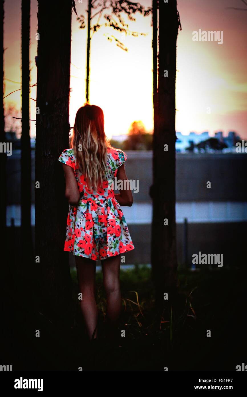 Rear View Of Girl Wearing Floral Dress Standing By Tree Stock Photo