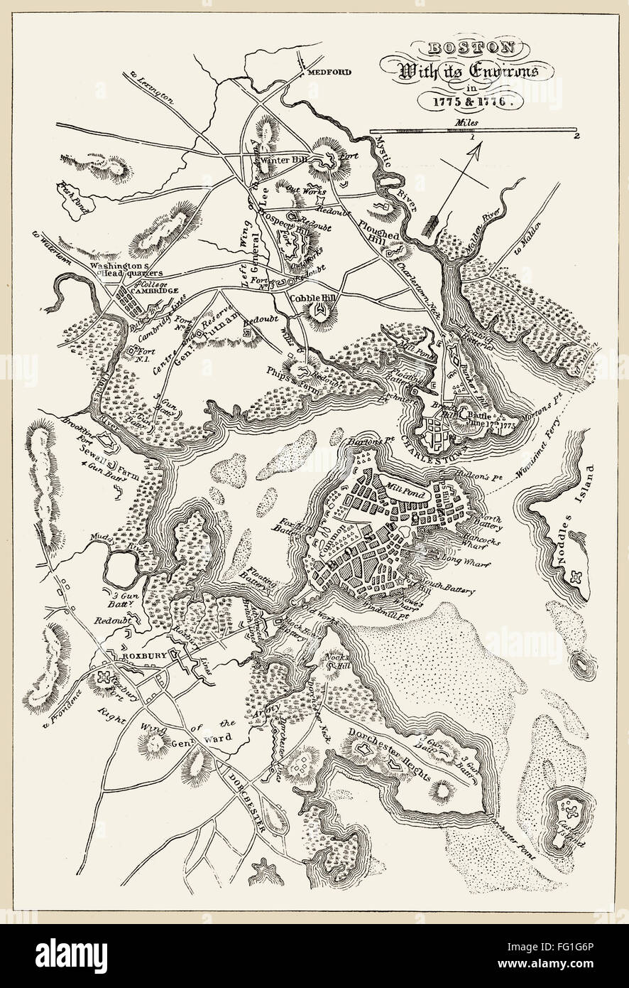 BOSTON: MAP, 1775-1776. /nMap of Boston, Massachusetts, and the surrounding area, 1775-1776. Line engraving, 19th century. Stock Photo
