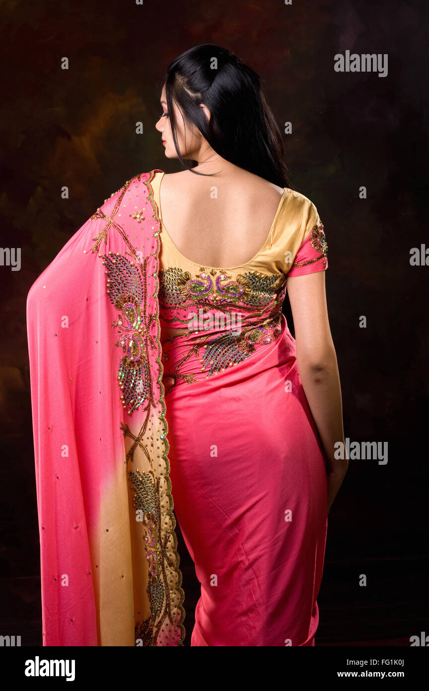 Backview of lady in designer pink sari MR#746B Stock Photo