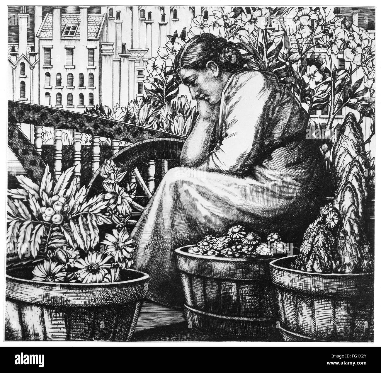 JENNINGS FLOWER SELLER. /n'The Flower Seller.' Etching, 1929, by E