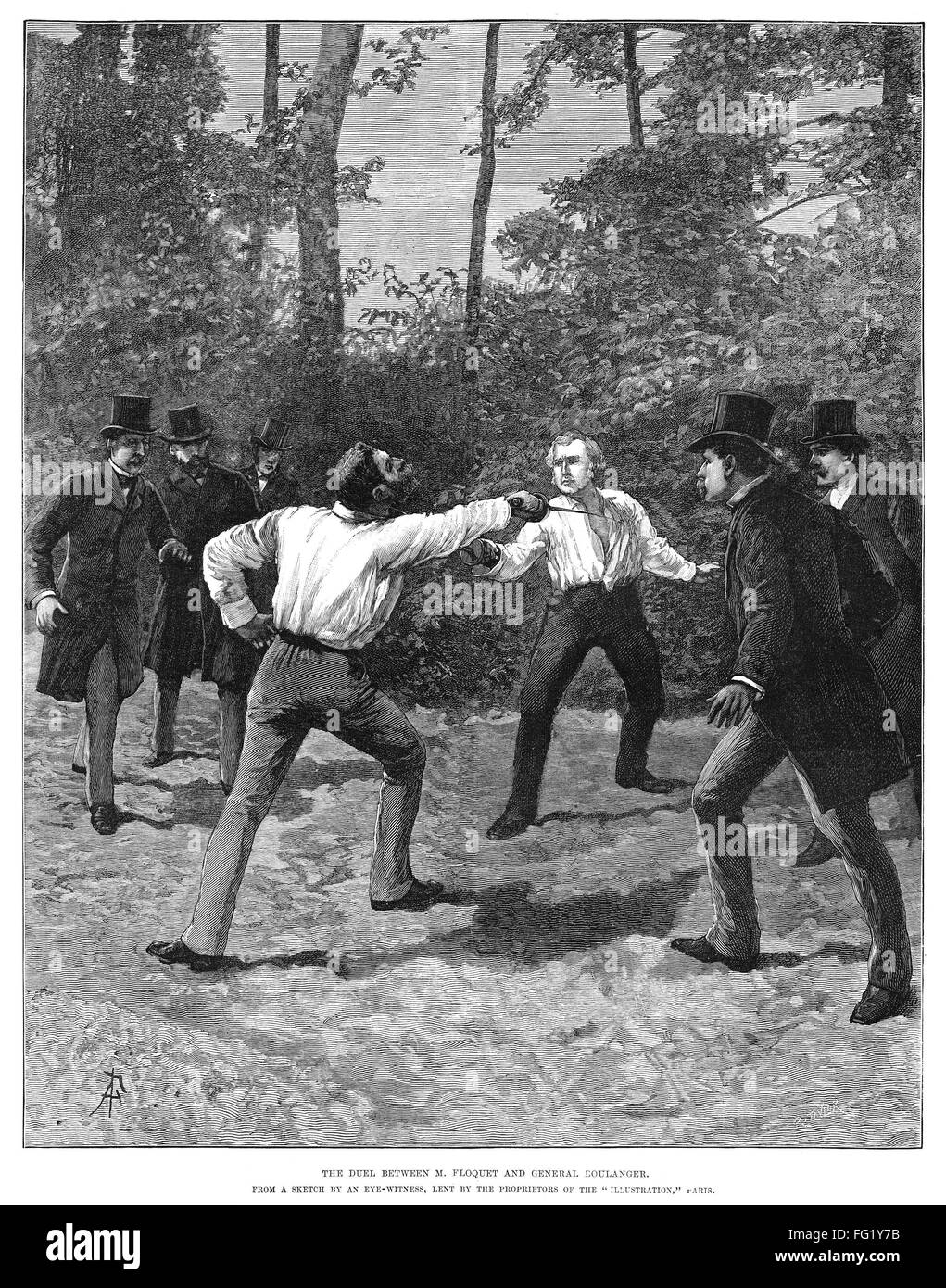 DUELING, 1888. /n'The duel between M. Floquet and General Boulanger.' Engraving, 1888. Stock Photo