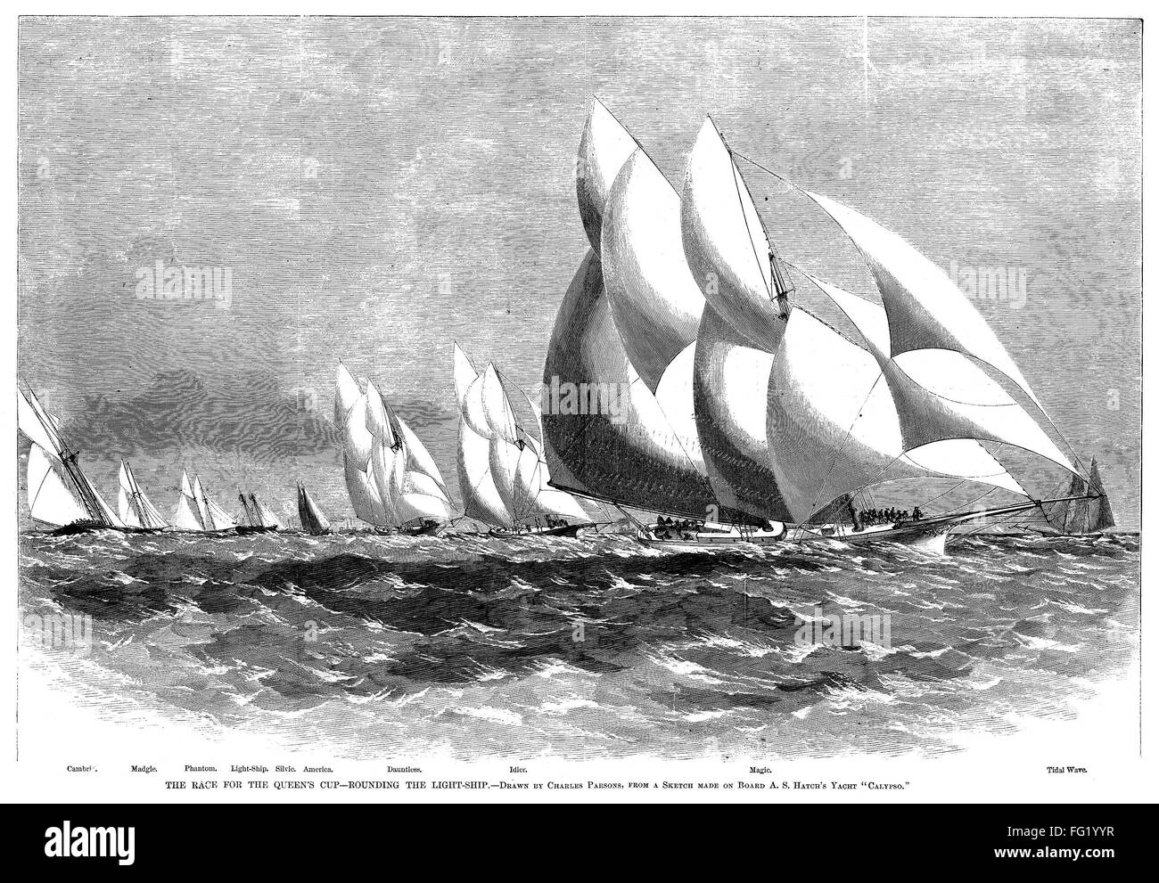 YACHTING, 1870. /n'The race for the Queen's Cup - Rounding the light-ship.' Engraving, 1870. Stock Photo