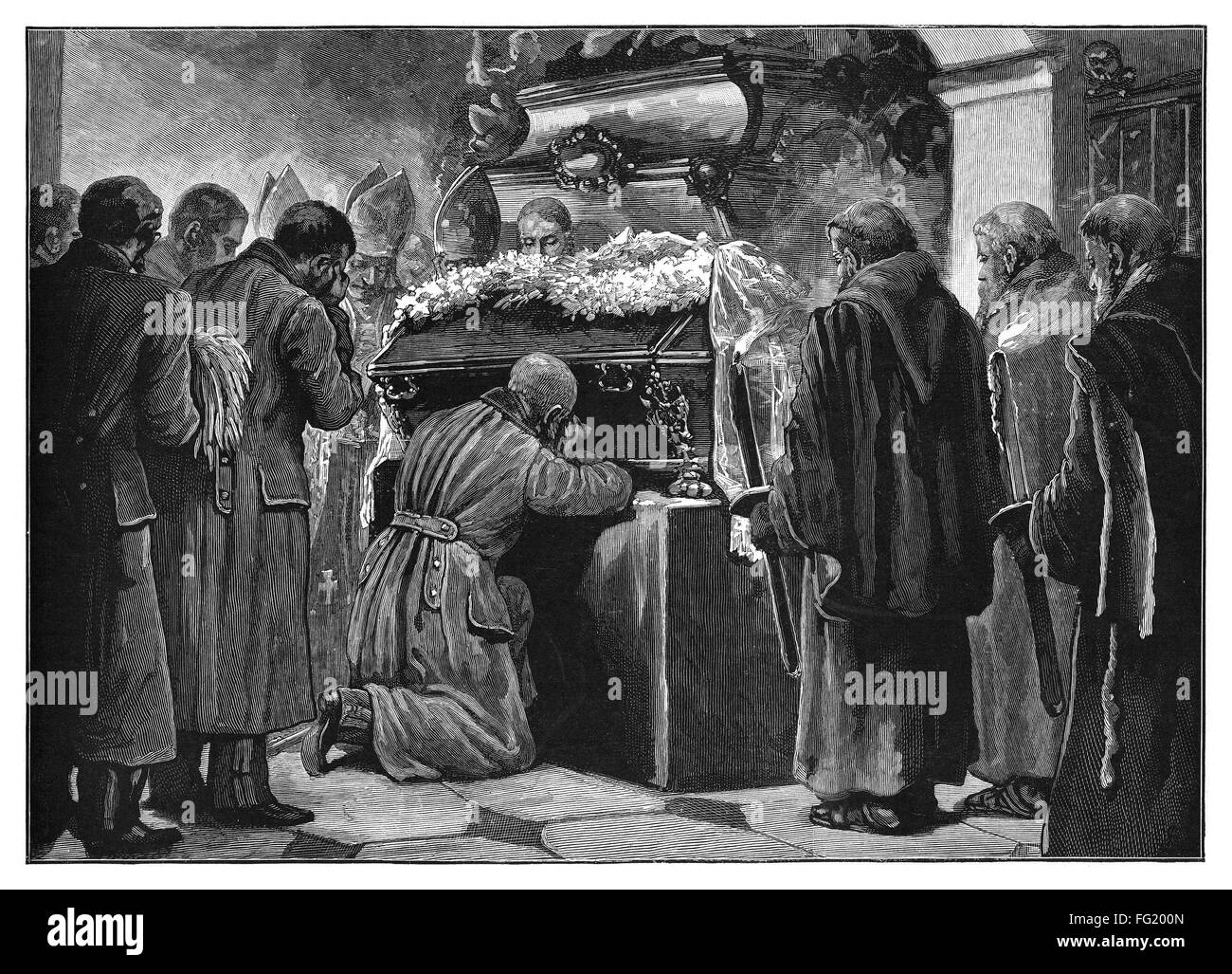 FUNERAL: PRINCE RUDOLF. /n'Funeral of the late Crown Prince of Austria at Vienna - The Emperor kneeling by the coffin in the vault of the Capuchins' Church.' Engraving, 1889. Stock Photo