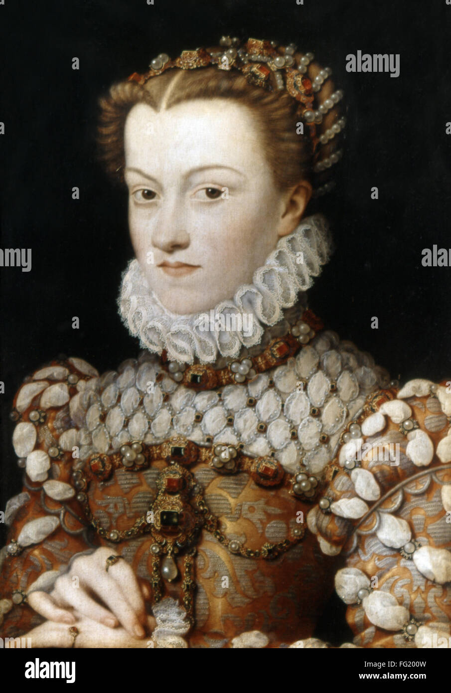 ELIZABETH OF AUSTRIA /n(1554-1592). Archduchess of Austria and Queen consort of Charles IX of France. Oil on wood, c1571, by Franτois Clouet. Stock Photo