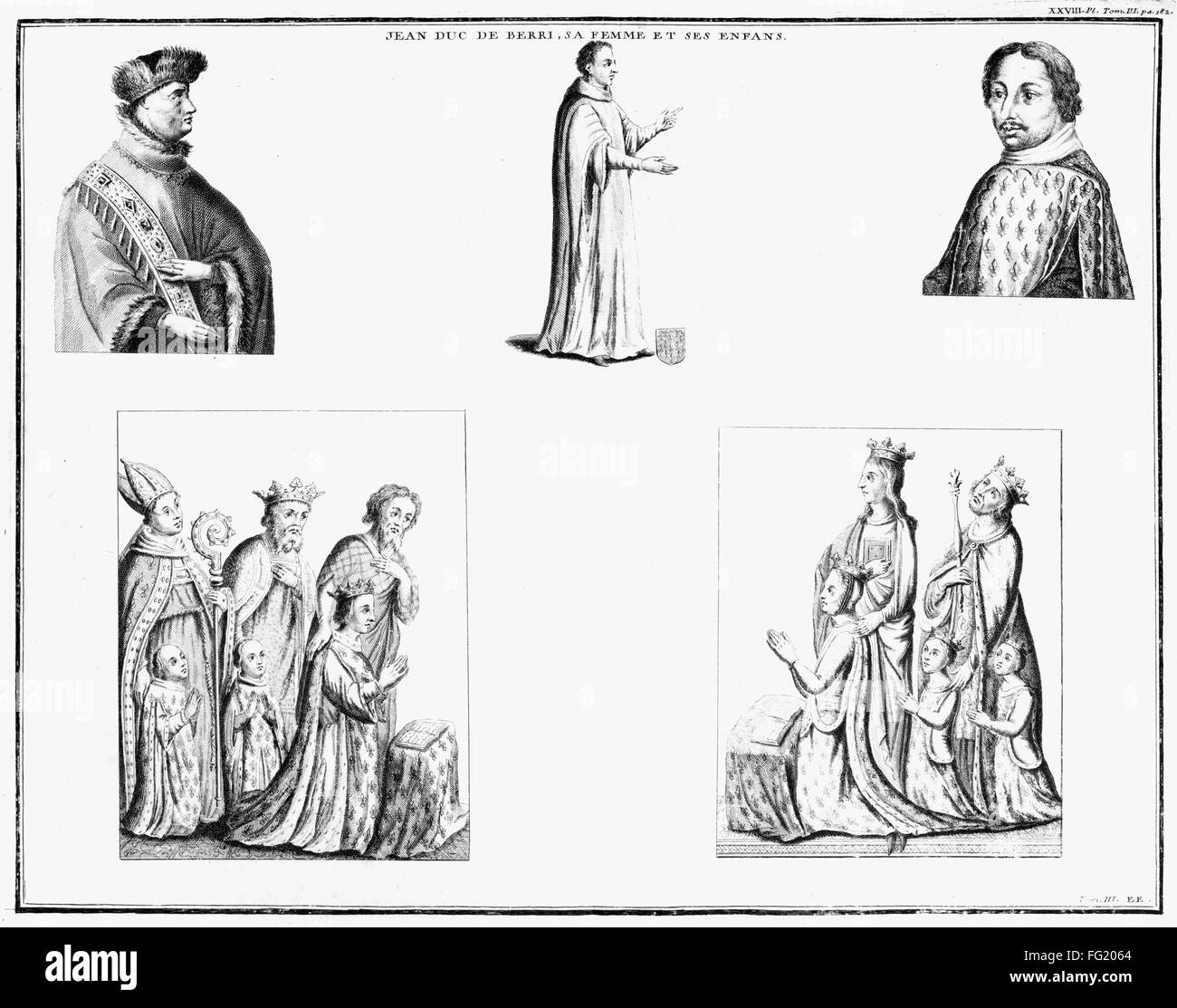 JOHN, DUKE OF BERRY /n(1340-1416). Duke of Berry and Auvergne and Count of Poitiers and Montpensier. With his wife and children. Engraving, 19th century. Stock Photo