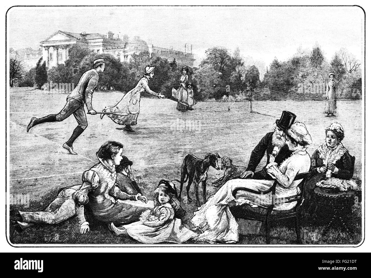 LAWN TENNIS PARTY, 1880. /nPeople playing tennis at a garden party in  England. Engraving, English, 1880 Stock Photo - Alamy