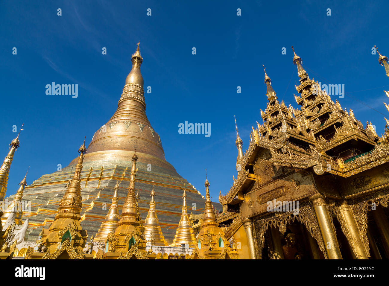 Many golden spires at the Shwedagon pagoda in Yangon Stock Photo