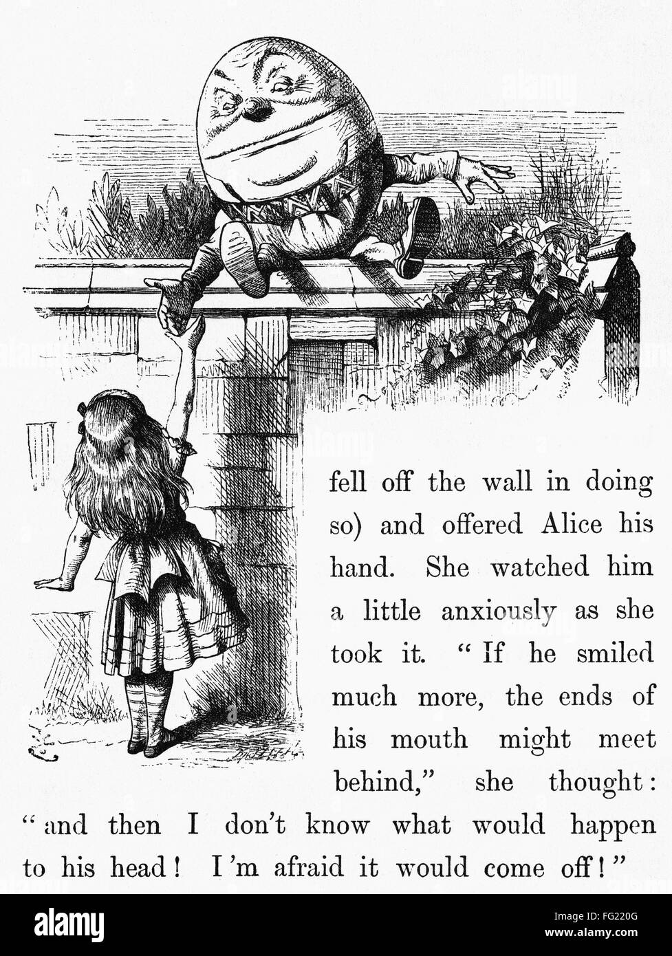CARROLL: LOOKING GLASS. /nHumpty Dumpty offers Alice his hand. Wood engraving after John Tenniel for the first edition of Lewis Carroll's 'Through the Looking Glass,' 1872. Stock Photo