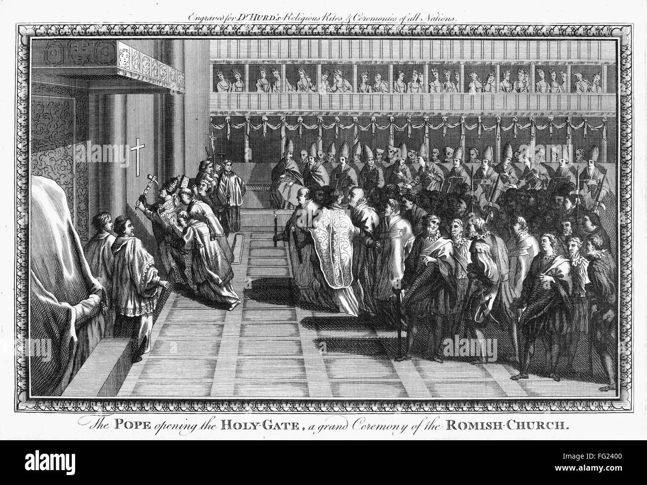 RELIGION: JUBILEE. /n'The Pope opening the Holy Gate, a grand Ceremony of the Romish-Church.' The Pope opening a Holy door at a papal basilica in Rome, at the opening of a Jubilee year. Copper engraving, from Dr. Richard Hurd's 'Religious Rites and Ceremo Stock Photo