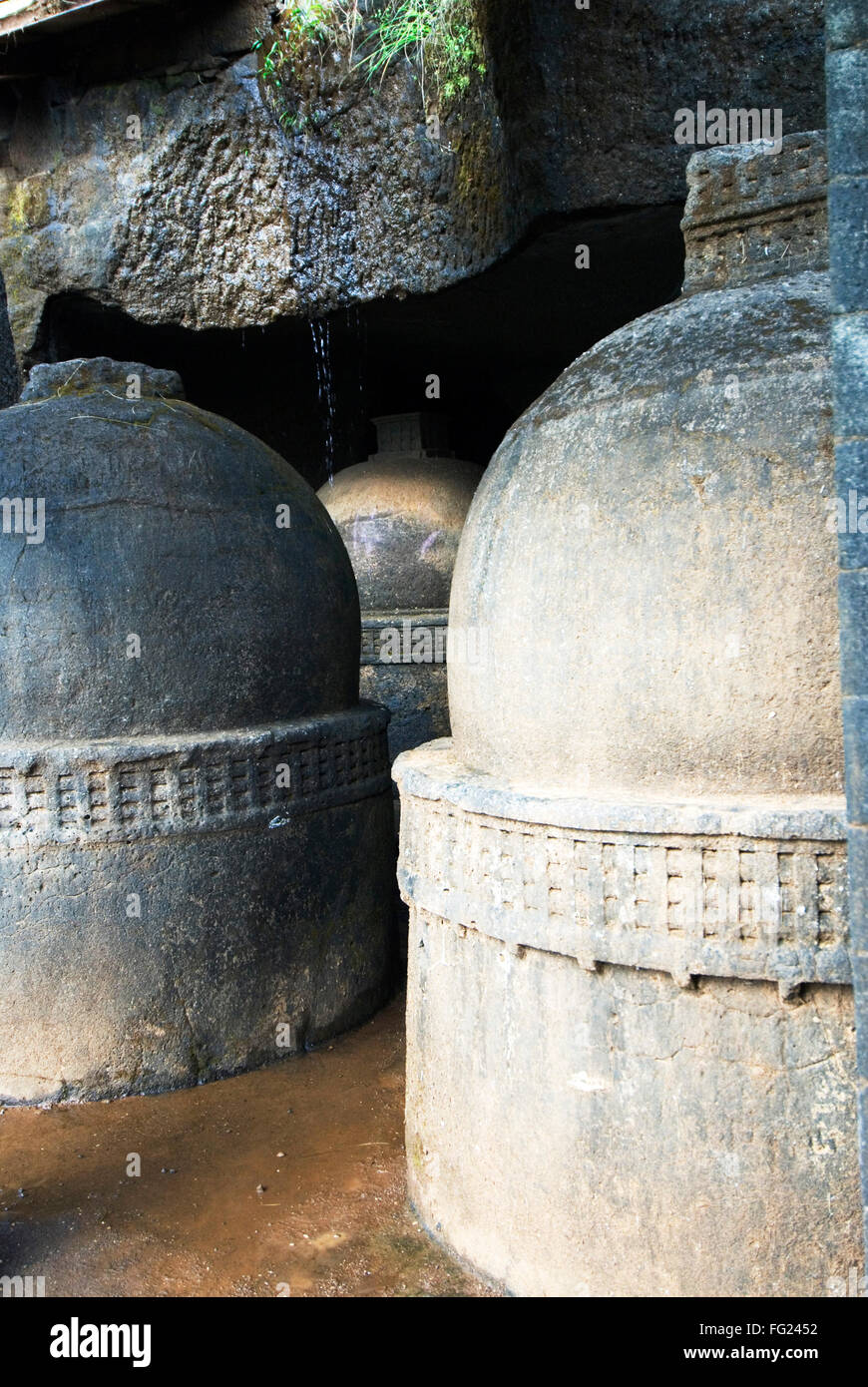 Lots of stupas or replicas at Bhaja rock cut caves near Lonavala , Maharashtra , India Stock Photo