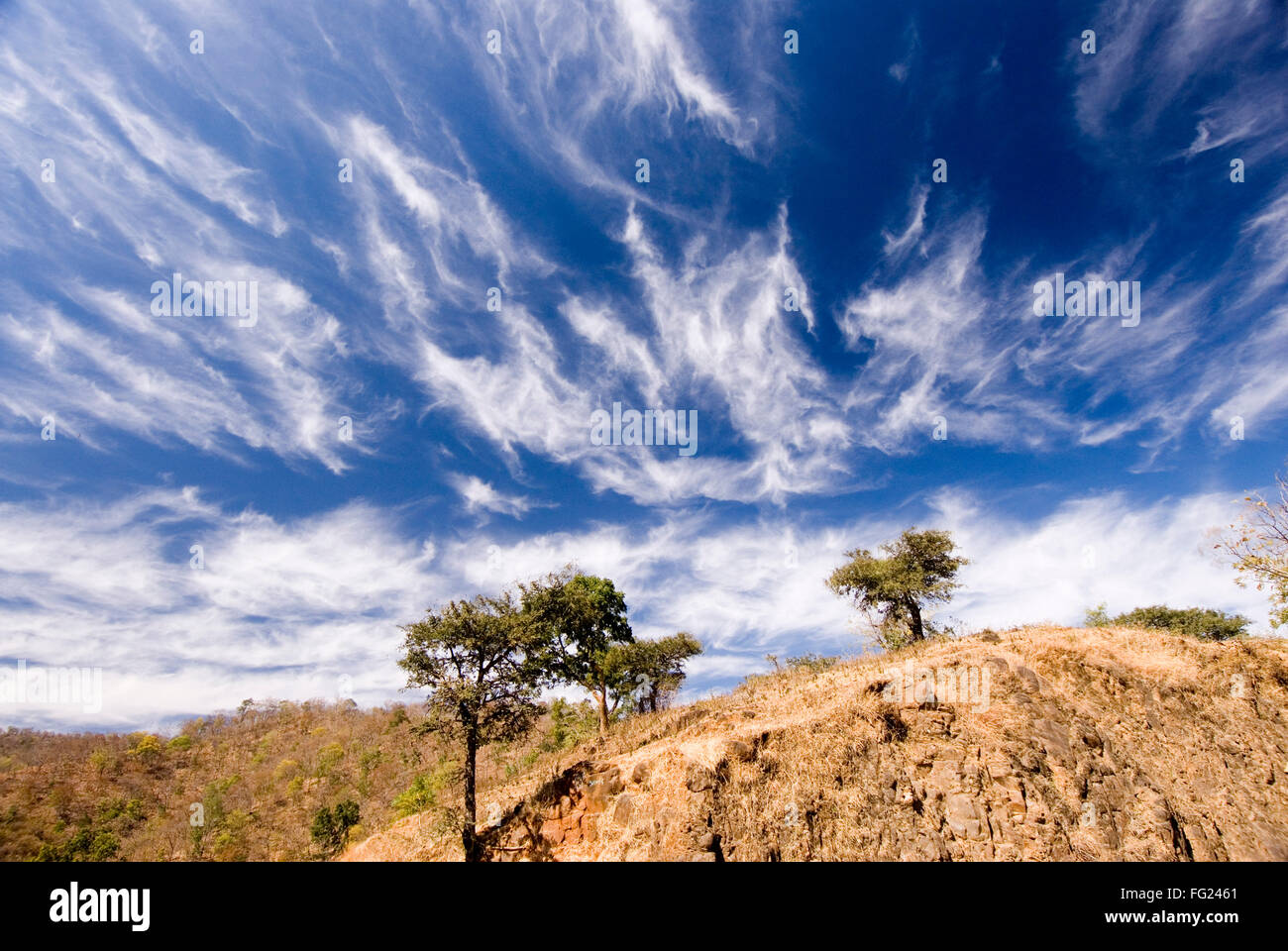 White clouds on dark blue sky in landscape at Chikhaldara ; district Amravati ; Maharashtra ; India Stock Photo
