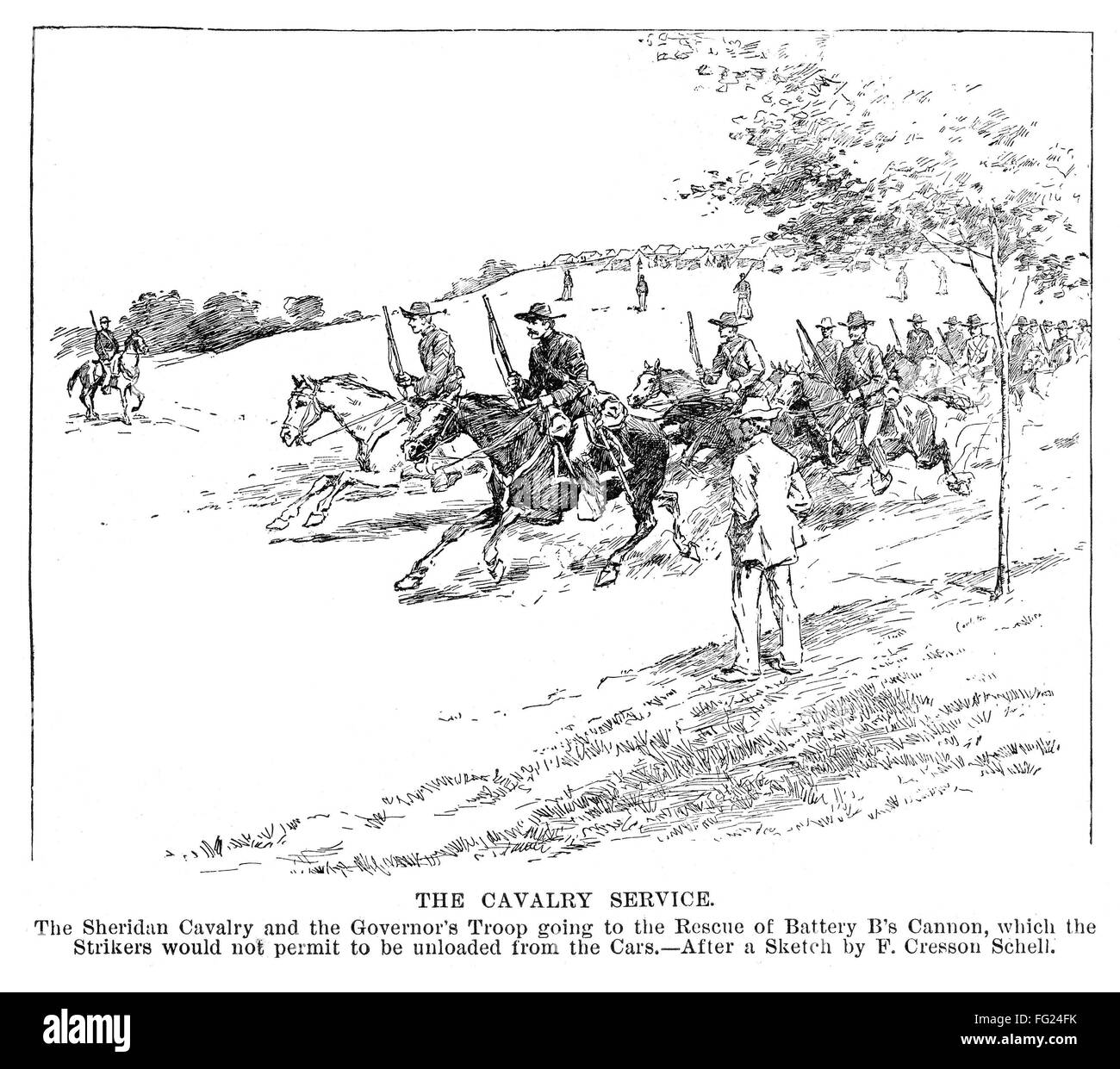 HOMESTEAD STRIKE, 1892. /nMembers of the Sharidan Cavalry and the Governor's Troop going to rescue a cannon for the battery, which the strikers would not allow to be unloaded from the train, during the Homestead Strike in Pennsylvania, 1892. Contemporary Stock Photo