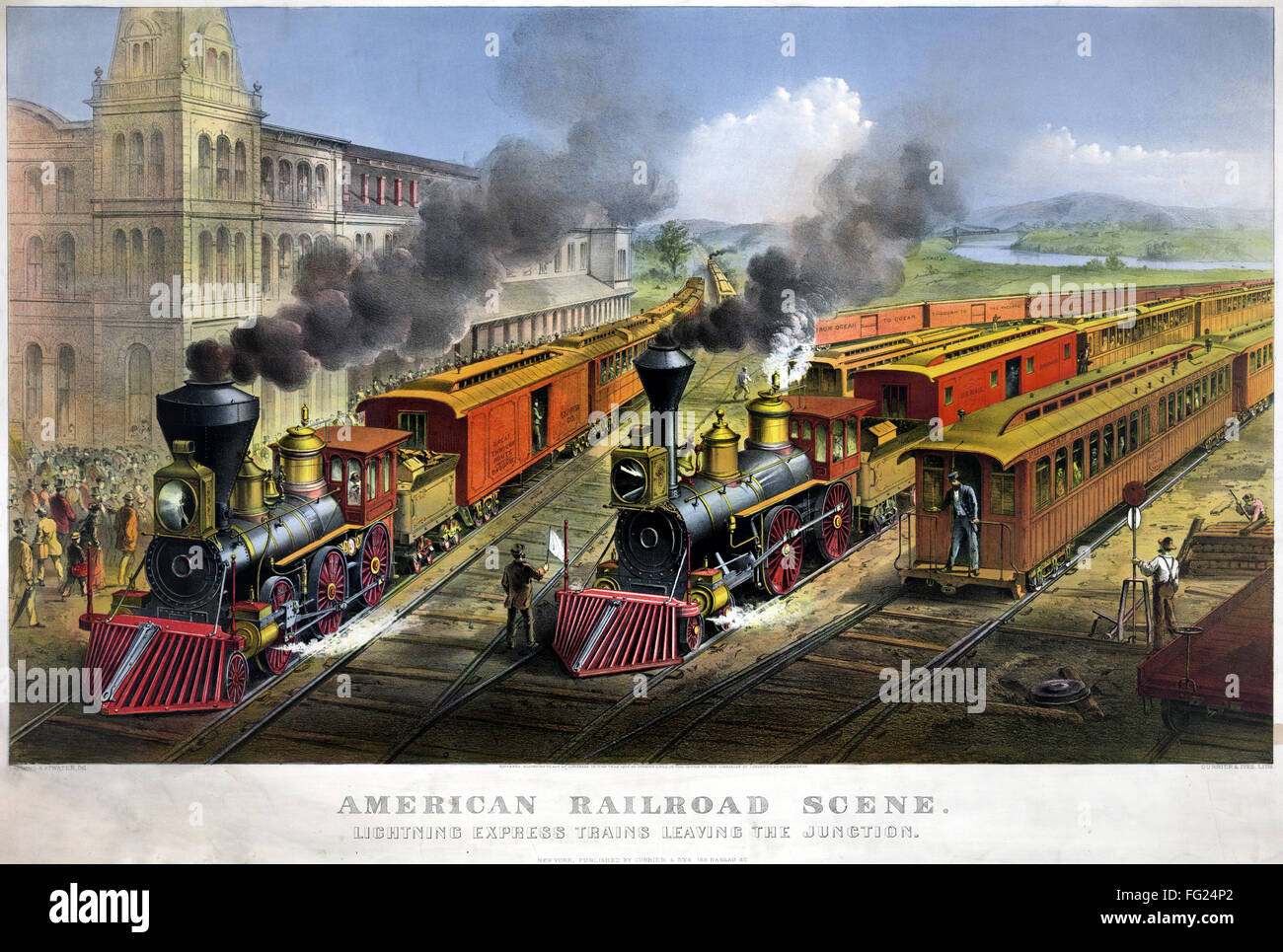 RAILROAD, 1874. /n'American railroad scene: Lightning Express trains ...
