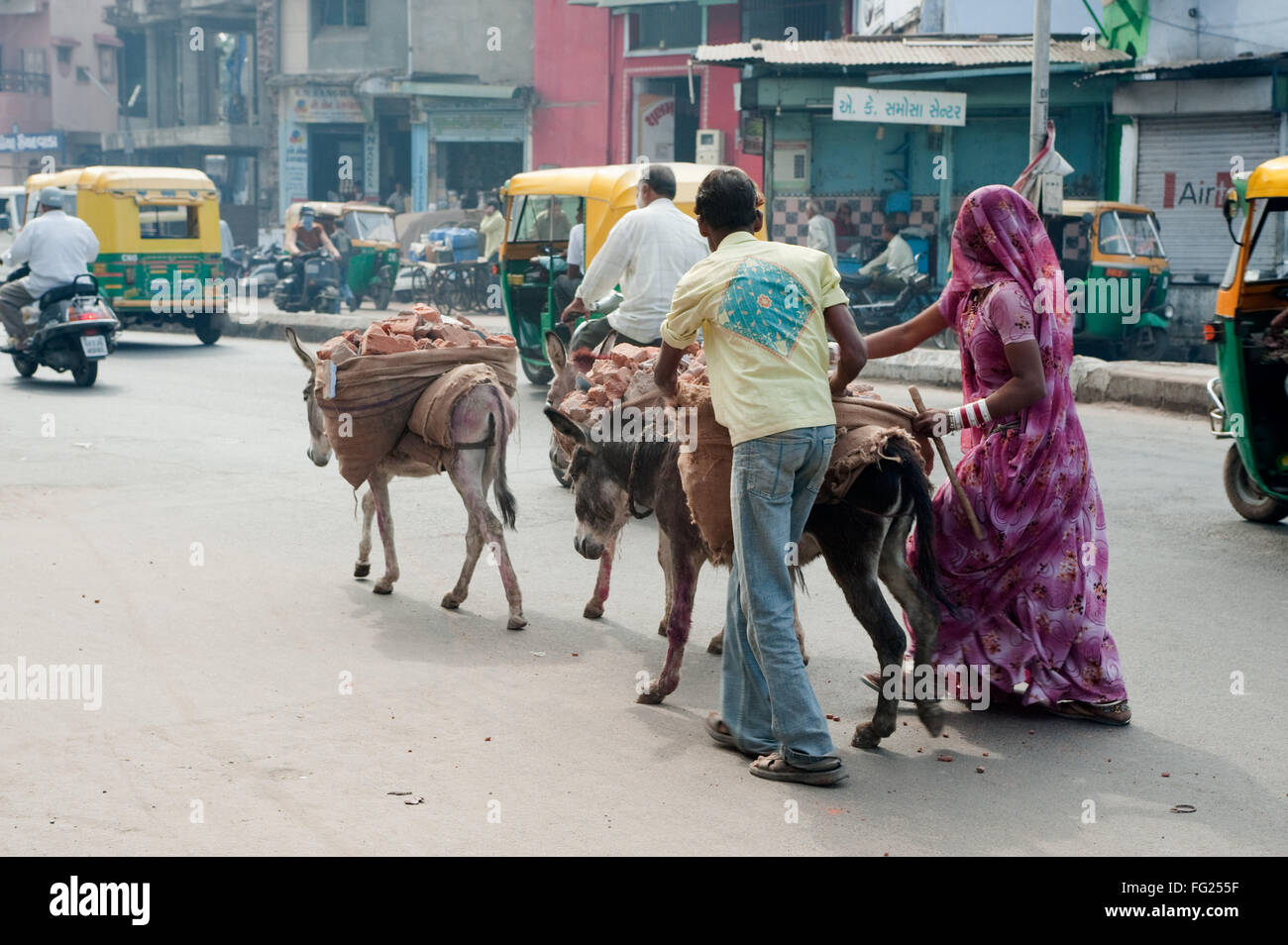 Man and woman carrying brick on donkeys back ; Ahmedabad ; Gujarat ; India Stock Photo