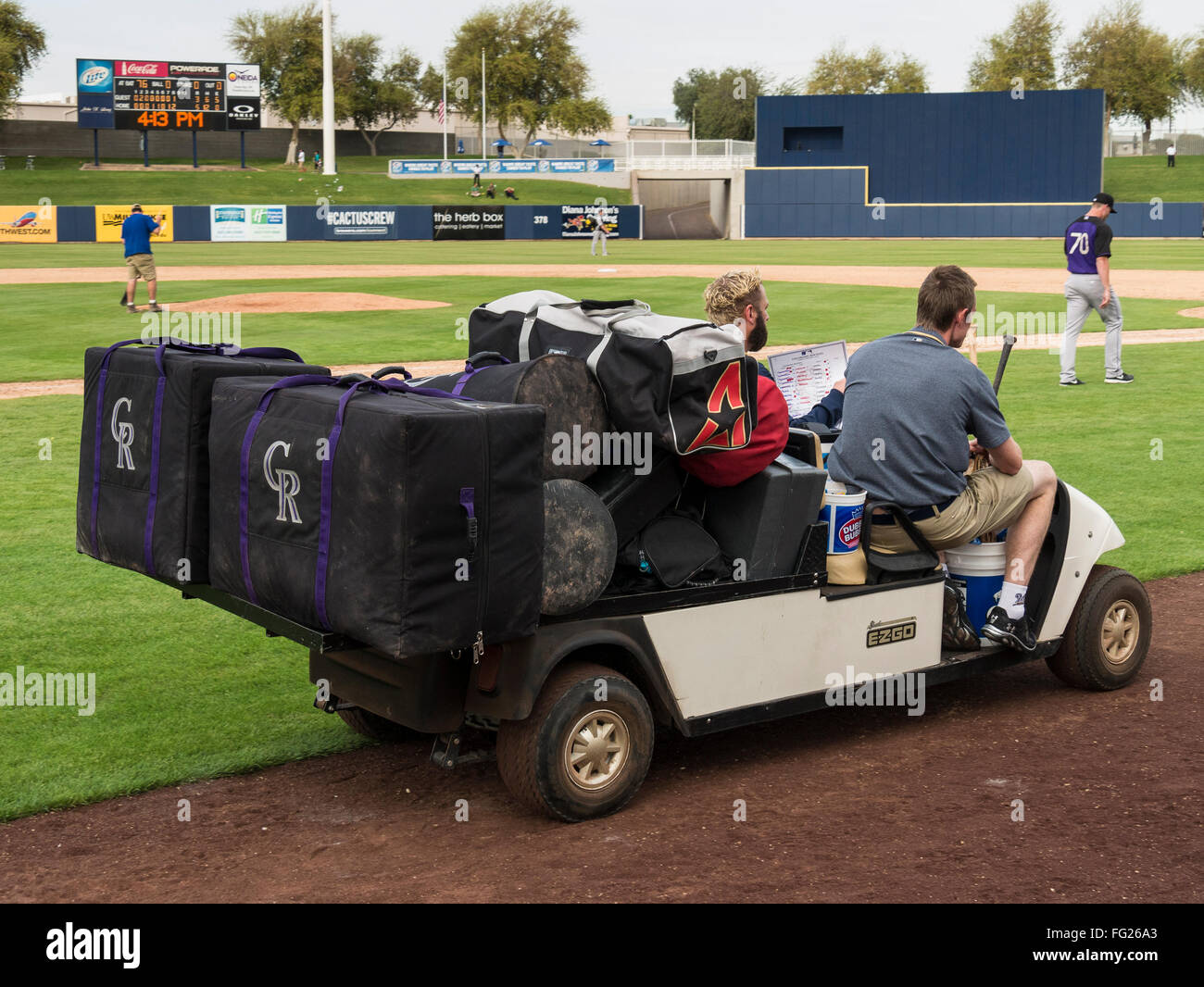 Spring training baseball game equipment cart, Maryvale Baseball Park, Phoenix, Arizona. Stock Photo