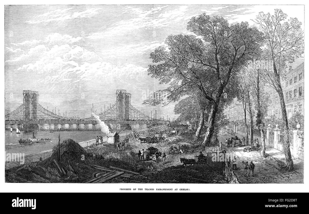 THAMES EMBANKMENT, 1873. /nConstruction of the Thames River embankment at Chelsea, London, England. Wood engraving, English, 1873. Stock Photo
