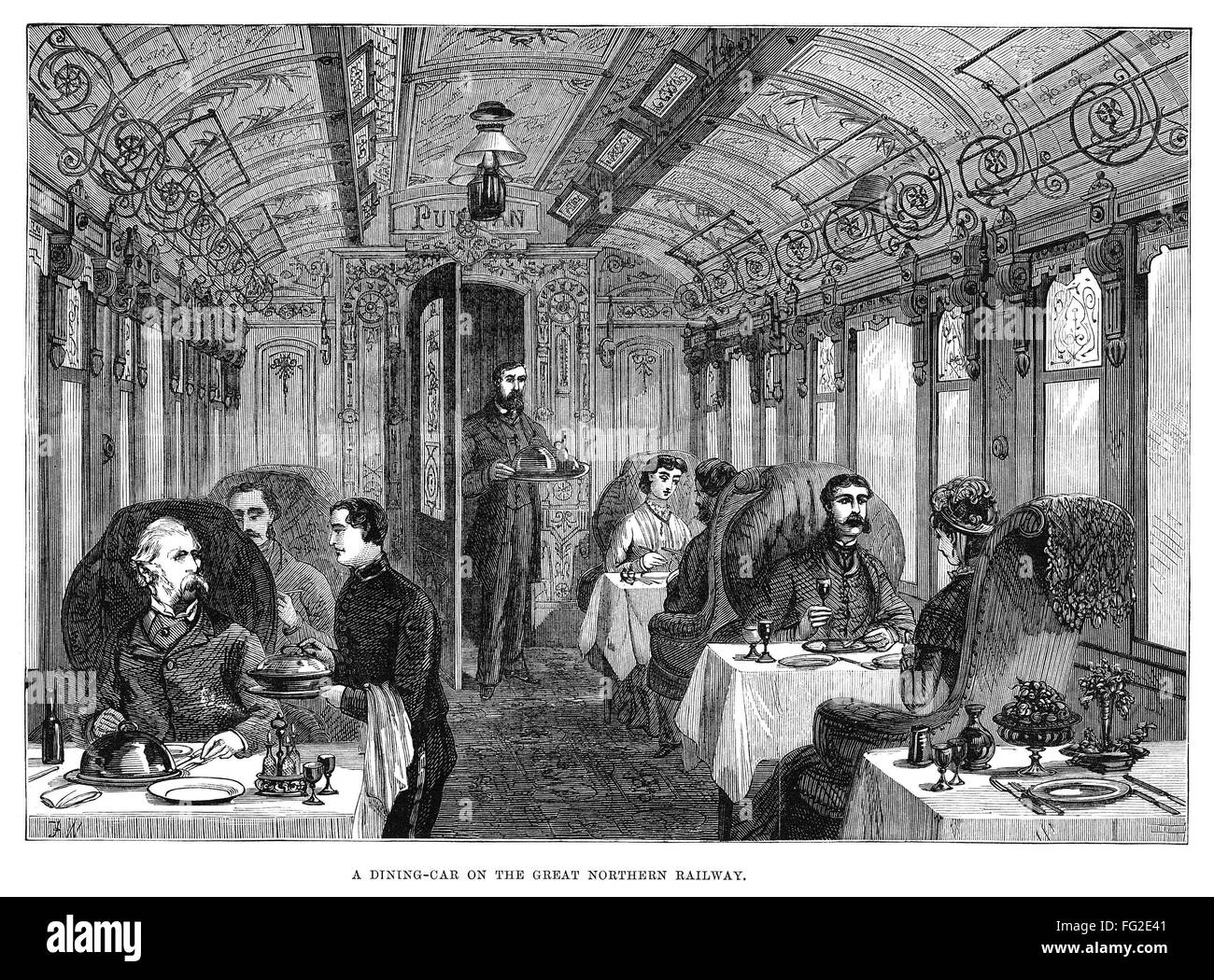 RAILROAD DINING CAR, 1879. /nA dining car on the Great Northern