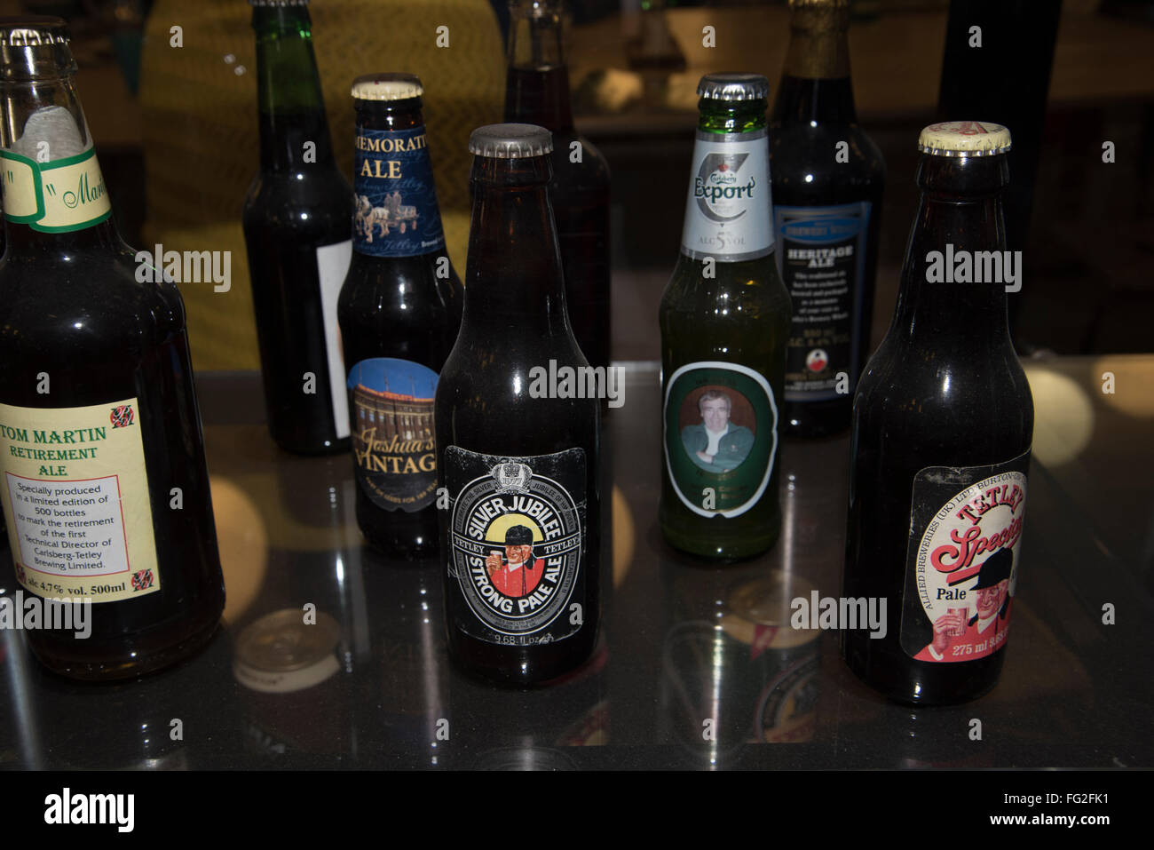 Display of Vintage beer bottles in The Tetley Art Gallery in Leeds