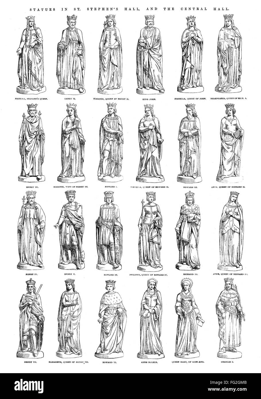 BRITISH ROYALTY, 1854. /nStatues of the kings and queens of England, from St. Stephen's Hall and Central Hall at Westminster Palace in London. Engraving, English, 1854. Stock Photo