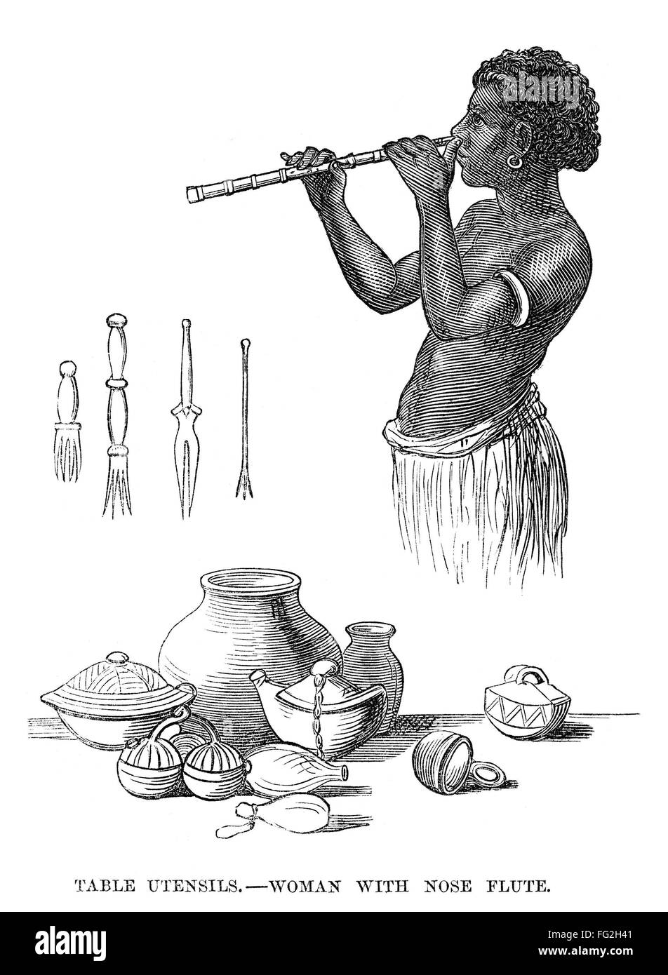Fijian Origin Instruments FIJI: UTENSILS, 1873. /nFijian utensils and a woman playing a nose ...