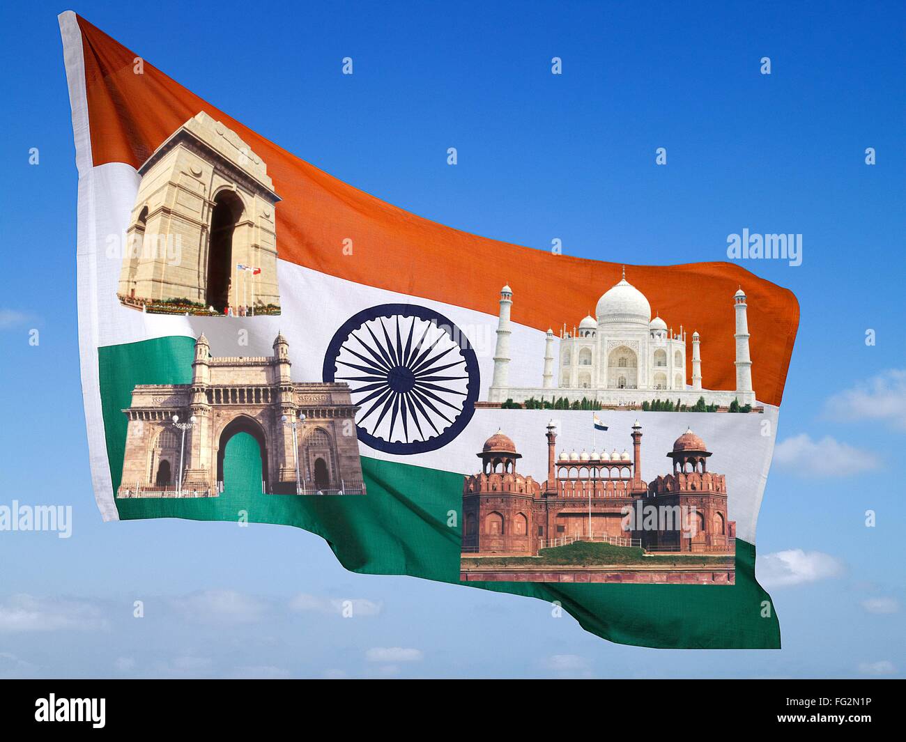 National flag with famous monuments in blue sky Stock Photo