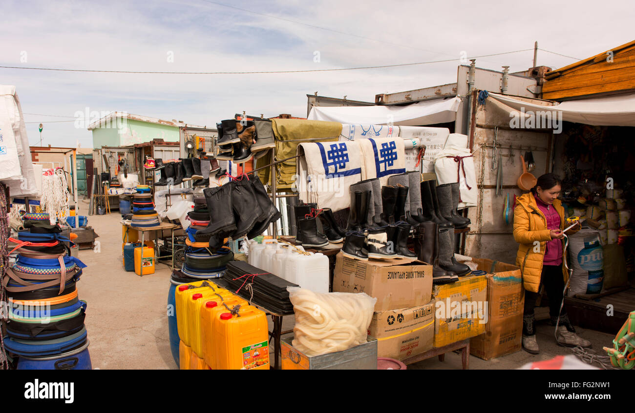 Kharkhorin's market is a collection of shipping containers from which people sell their goods. Stock Photo