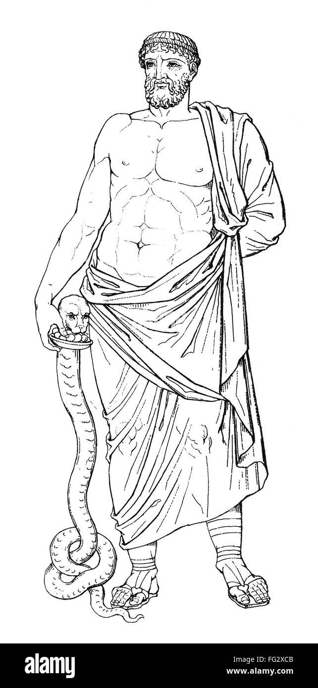 AESCULAPIUS. /nGreek god of healing. Line drawing after an ancient sculpture. Stock Photo