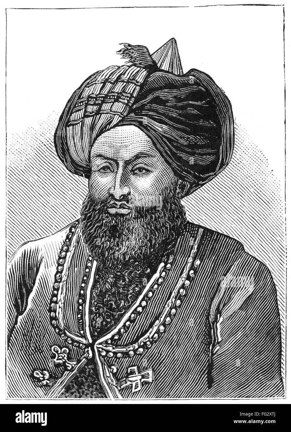 SECOND AFGHAN WAR, 1879. /nGhazi Mohammad Jan Khan Wardak, a leader of a failed attack on British forces in Kabul, Afghanistan, during the Second Anglo-Afghan War, December 1879. Contemporary American wood engraving. Stock Photo