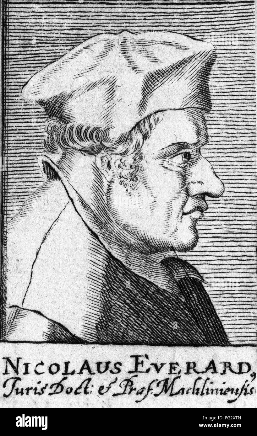 NICOLAUS EVERARD (d. 1571). /nCounselor to emperors Charles V and Philip II of Spain. Undated woodcut portrait. Stock Photo
