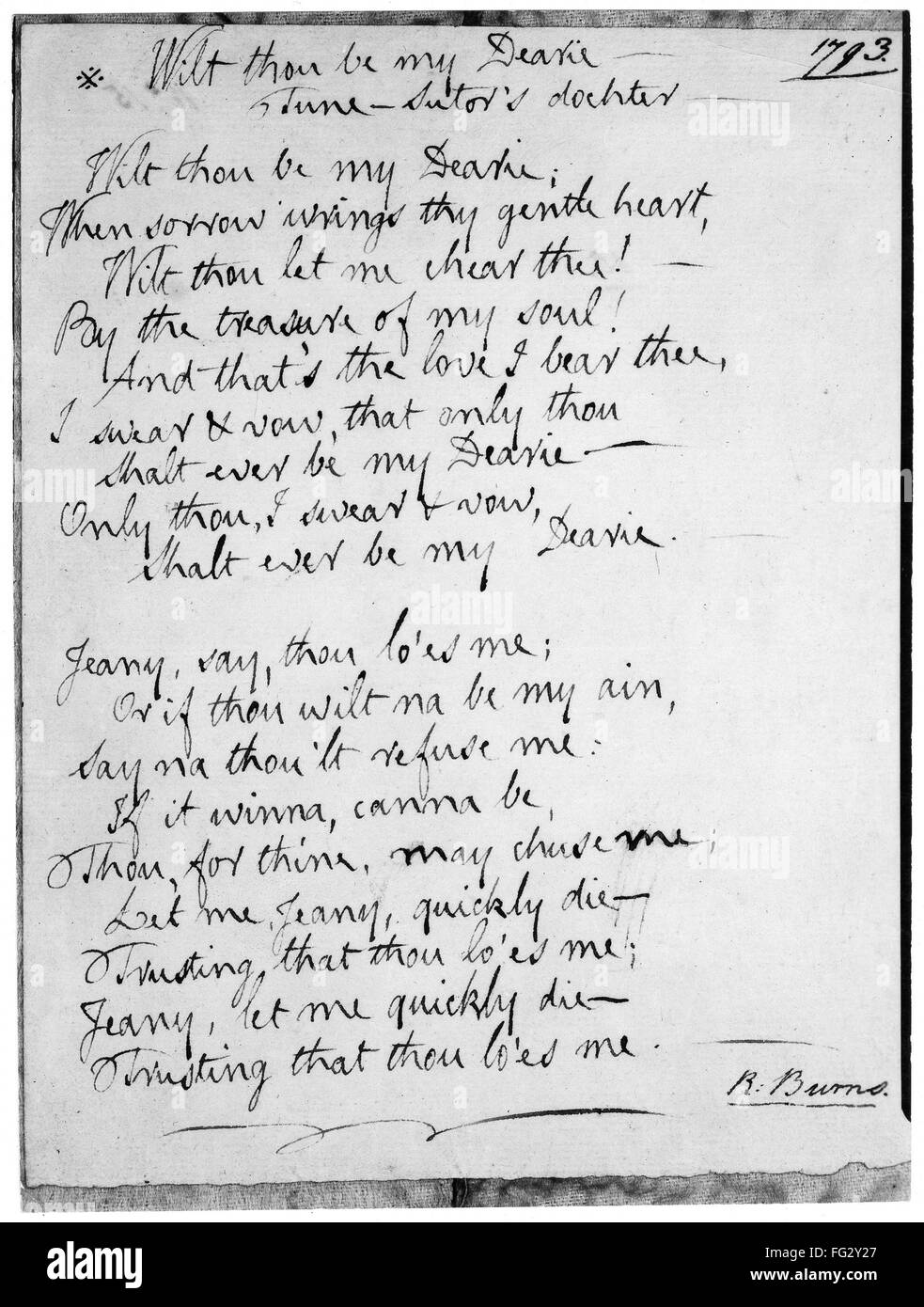 WILT THOU BE MY DEARIE. /nManuscript page of the poem, 'Wilt Thou Be My Dearie,' by Robert Burns, 1793. Stock Photo