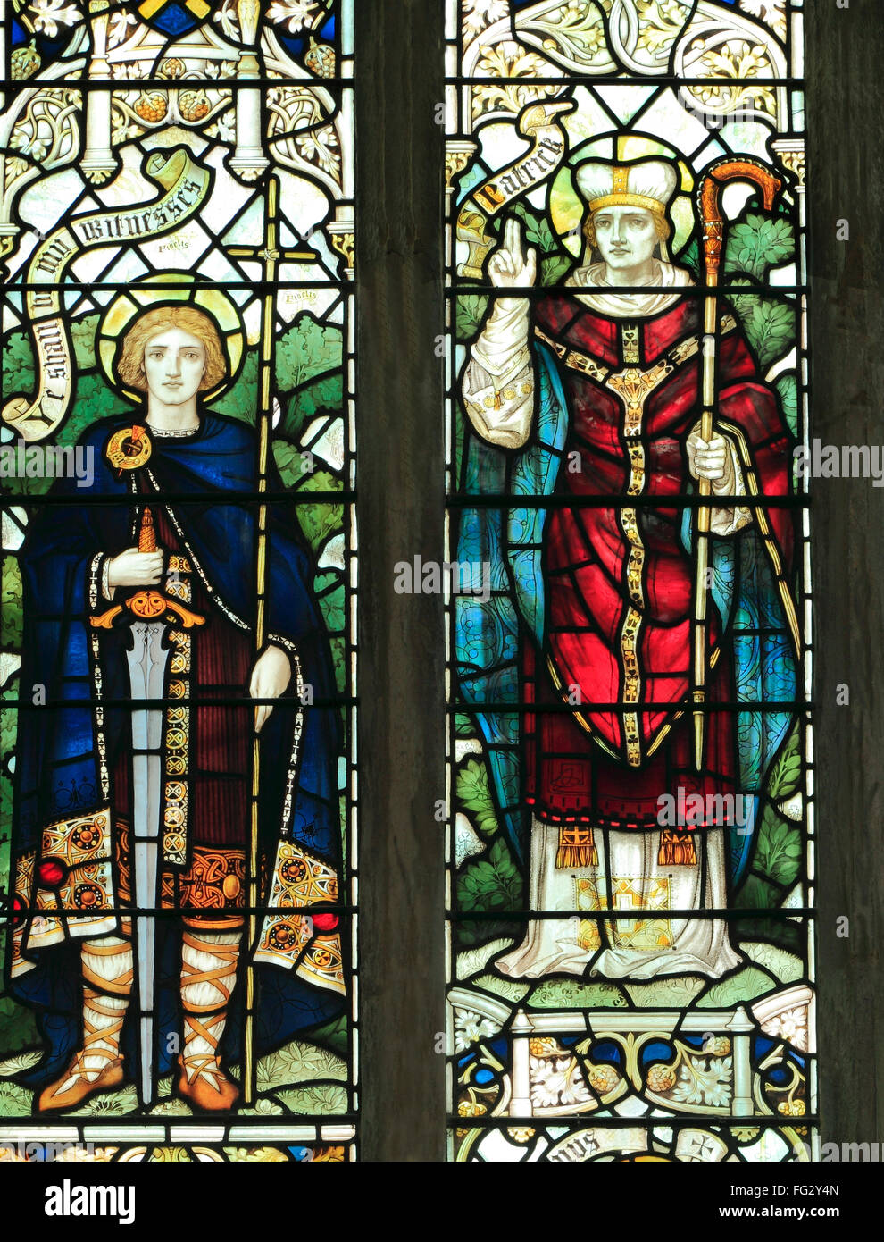 St. Alban and St. Patrick, stained glass window by J. Powell & son, 1900,  Blakeney, Norfolk, England, UK, Christian Saints Stock Photo